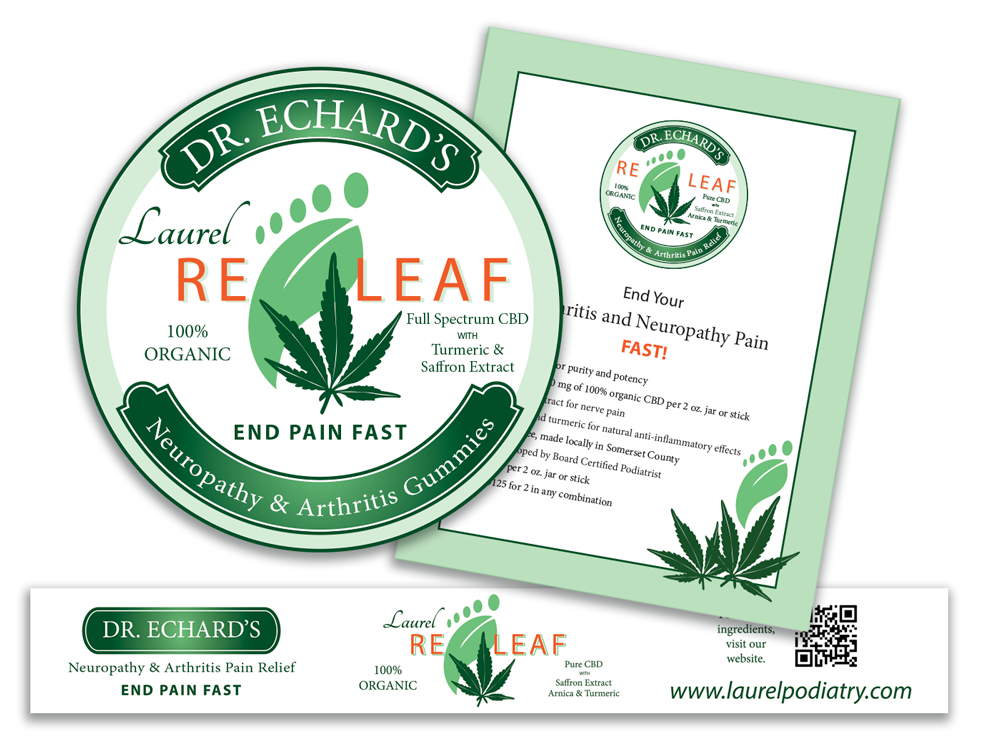 Laurel Podiatry product labels and marketing poster